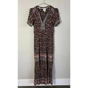 Know Rose Floral Boho V Neck Maxi Prairie Dress Black Pink Cottagecore Sz S